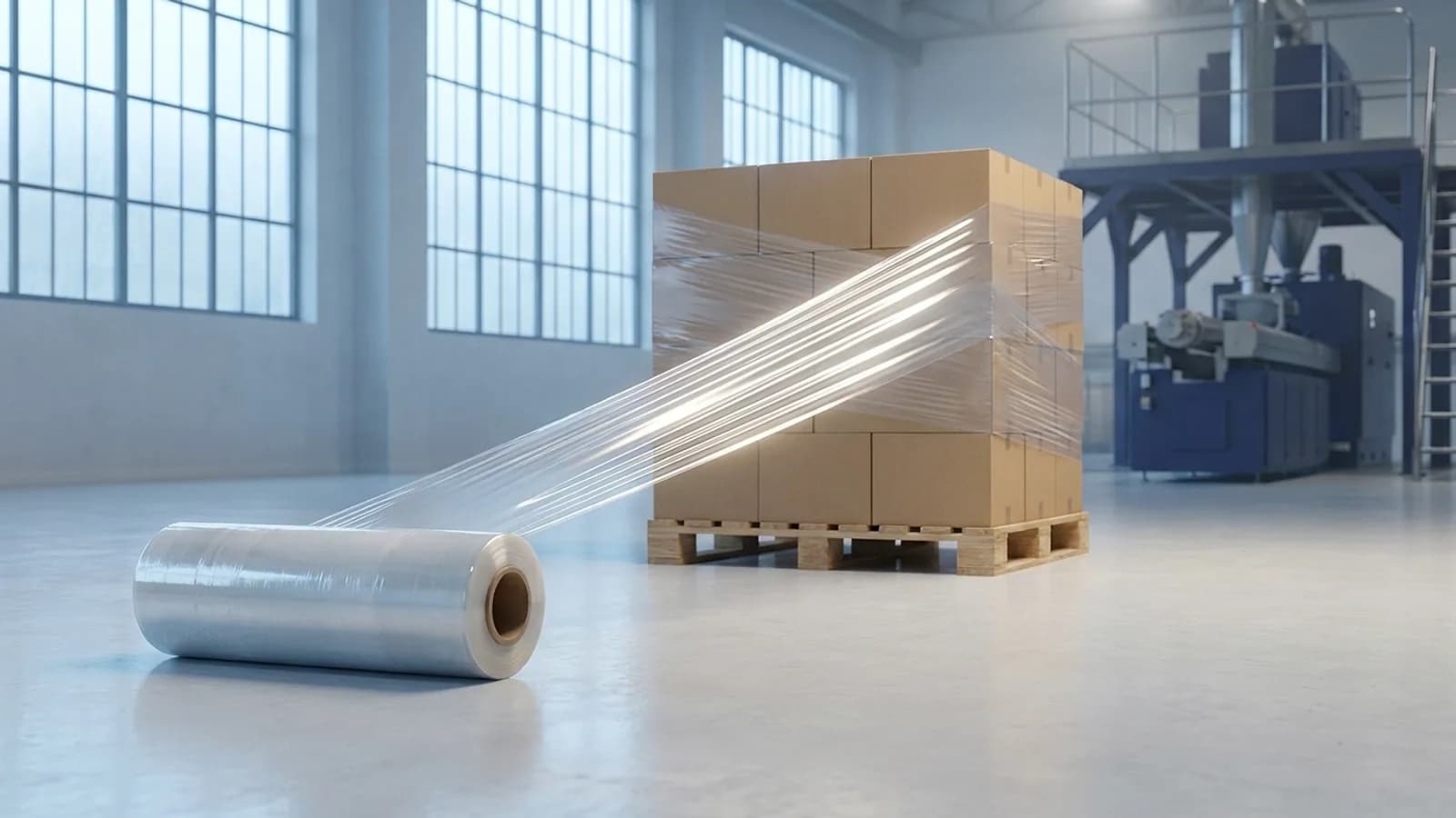 A roll of pallet stretch film with the film pulled taut across a pallet of half-wrapped cartons