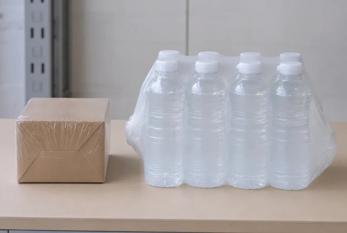 یک جعبه‌ی مقوایی در فیلم شیرینگ PVC نازک و شفاف کنار هشت بطری آب که زیر یک فیلم نایلون شیرینگ ضخیم‌تر و شیری بسته شده‌اند