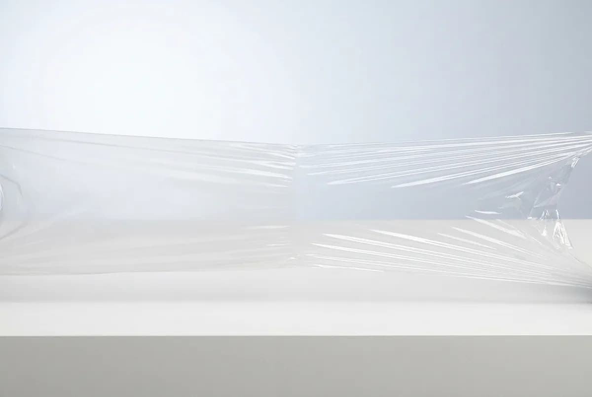 One continuous sheet of clear stretch film: the left half slack, creased and slightly hazy, the right half pulled taut, narrower and fully clear